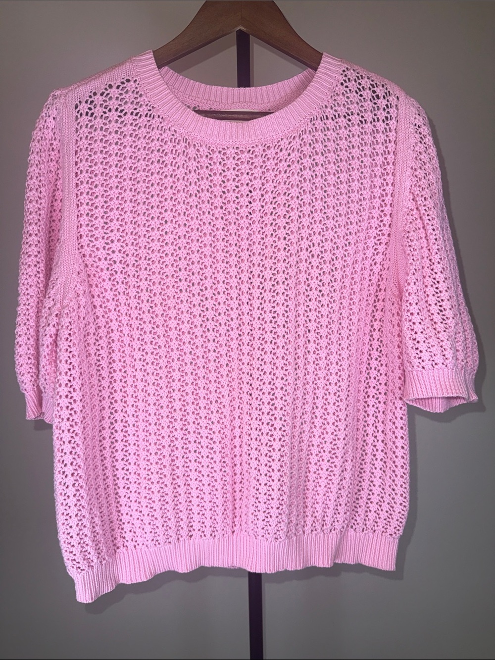 Aaron & Amber Pink Open Knit Crochet Pullover Sweater Short Sleeve | Size L